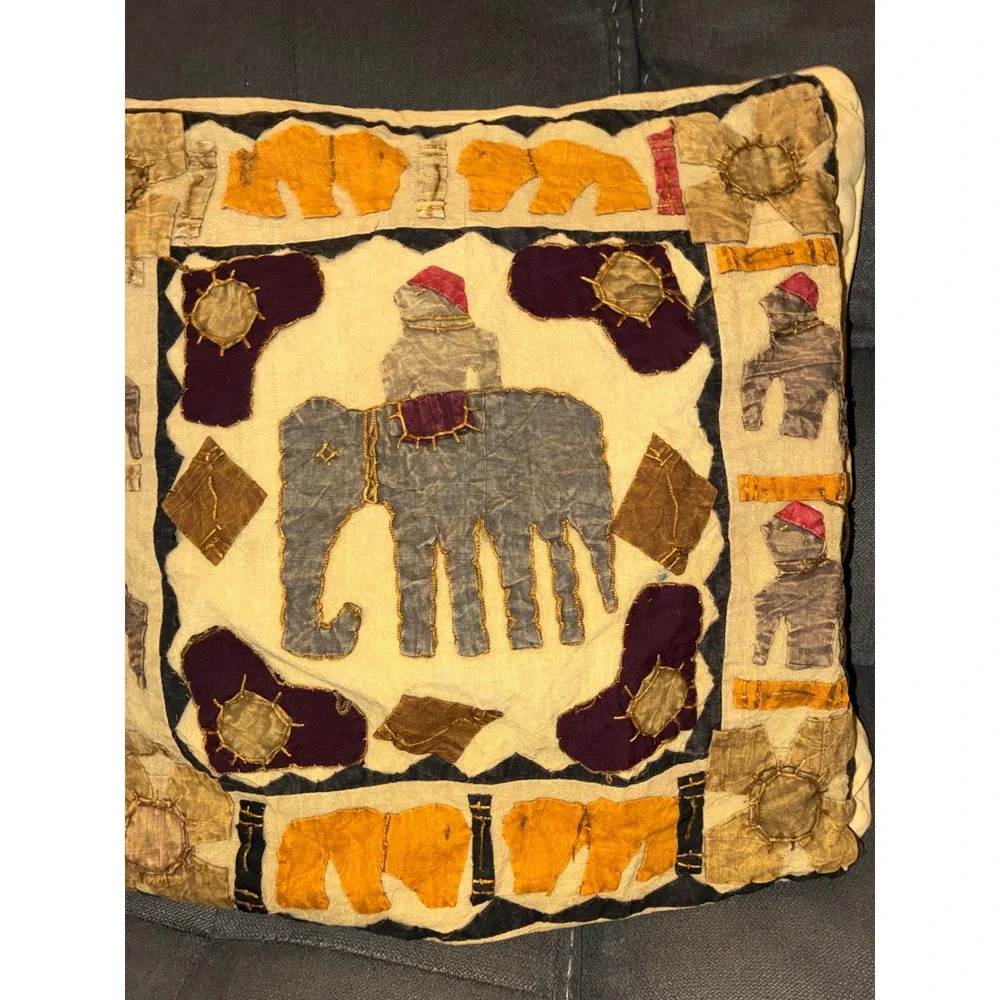 Home made Pillow Cover 16x16 Multi Color Elephant Patchwork Folk Art Decor